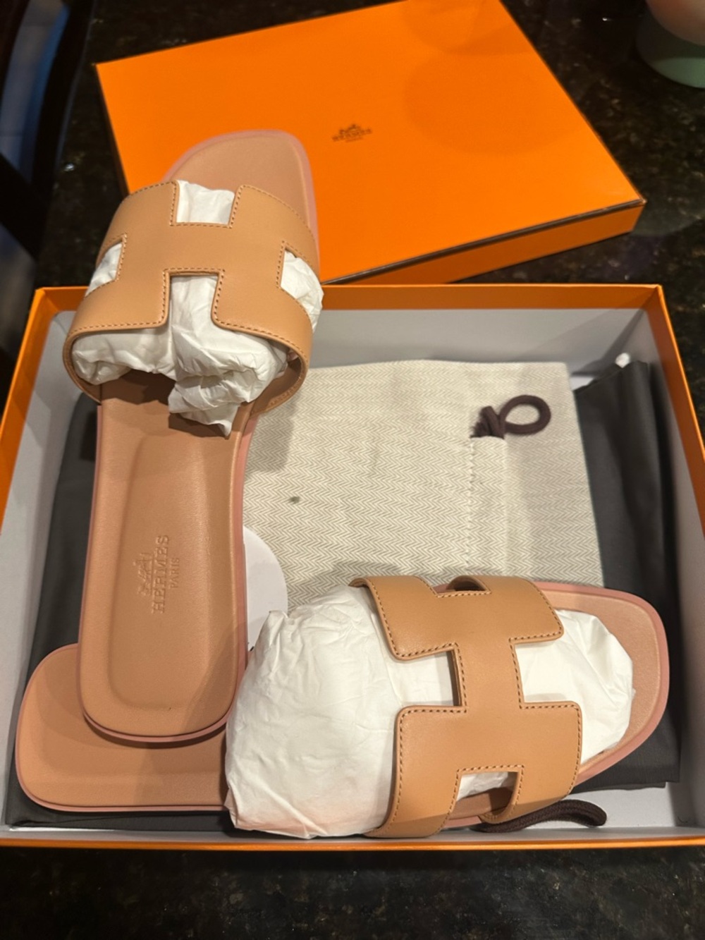 Hermes Tan H-Logo Leather Slide Sandals - Picture 2 of 5